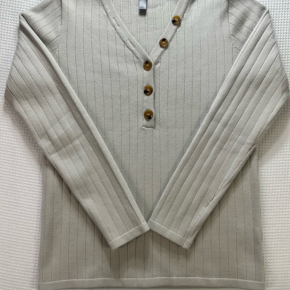 Women's V-Neck Sweater with Button Detail - Cream